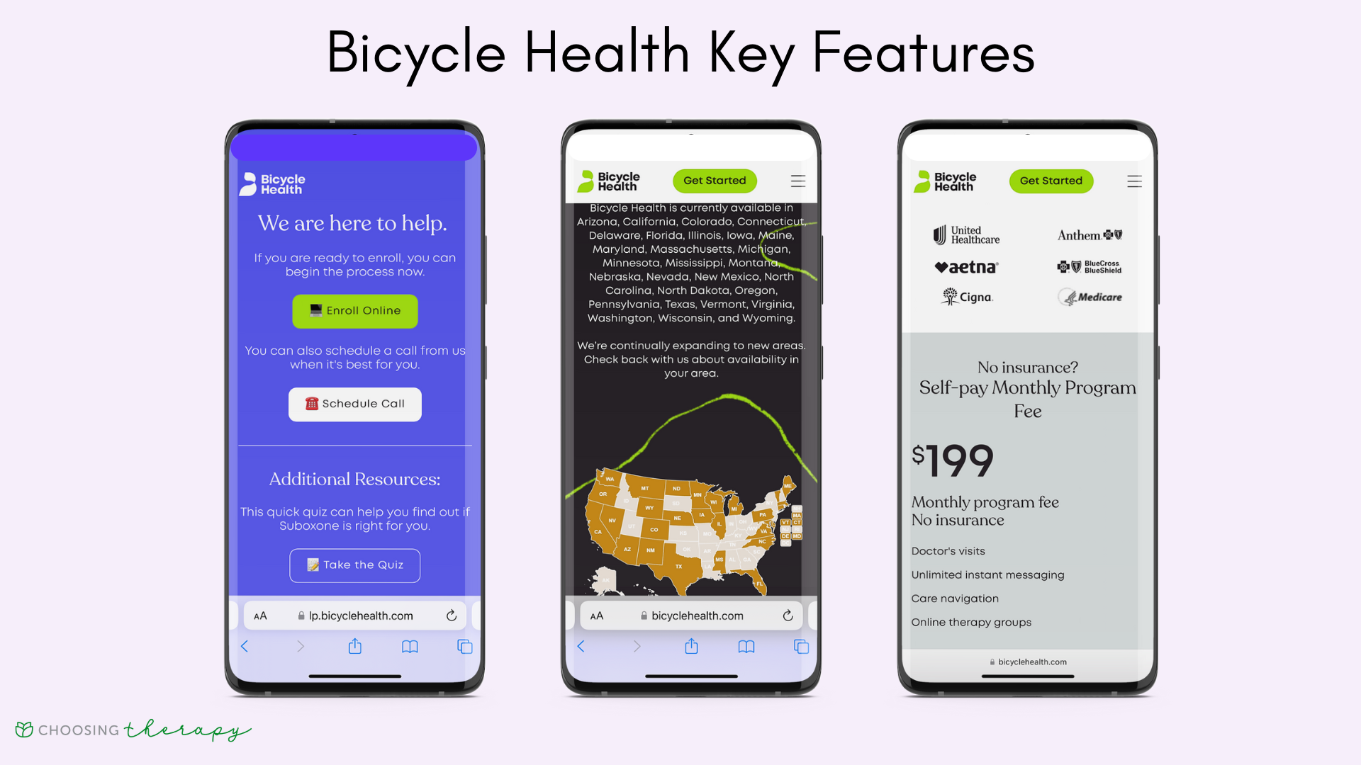 three images of the key features of Bicycle Health