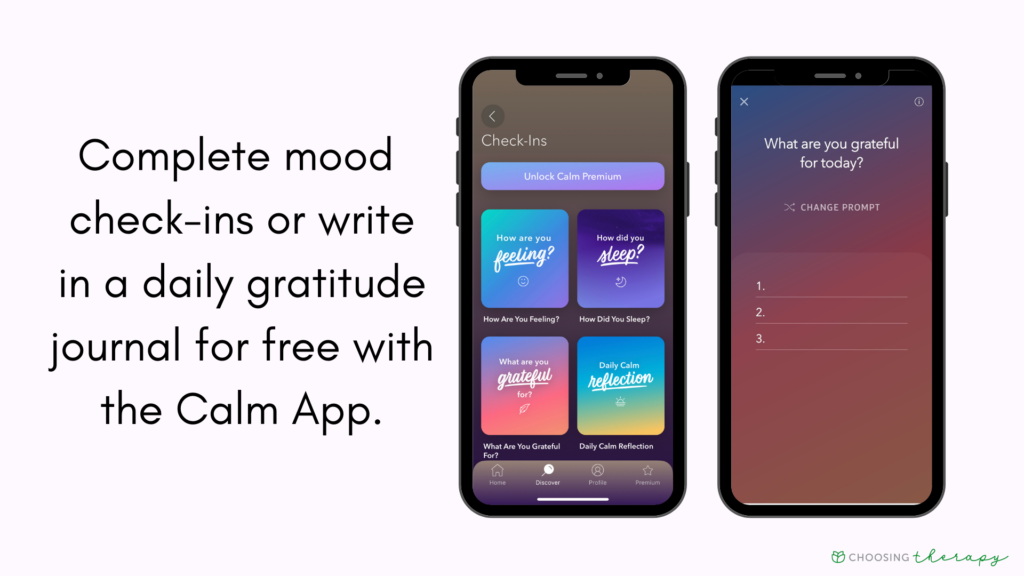 Calm App Review 2022 -- Image of how to complete mood check-ins and journal in the Calm app