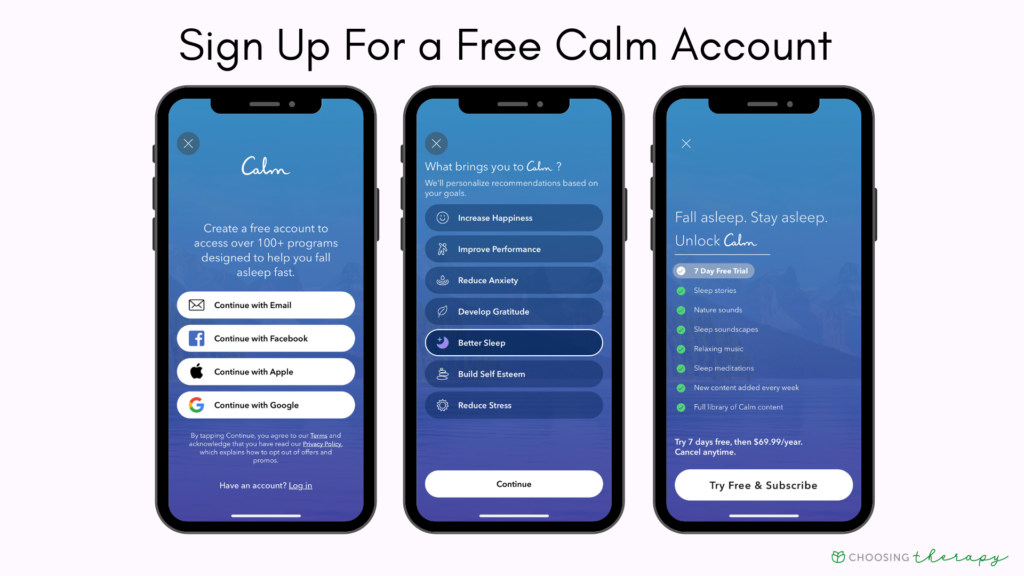 Calm App Review 2022 -- Image of how to sign up for a free Calm account