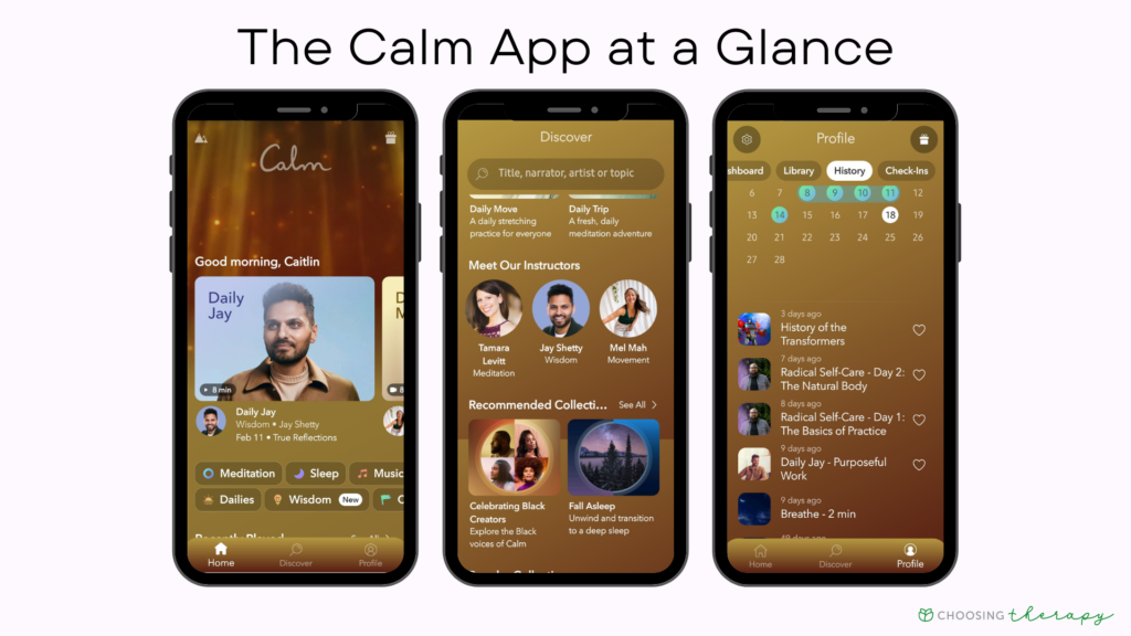Calm App Review 2022 -- Image of the key features in the Calm app