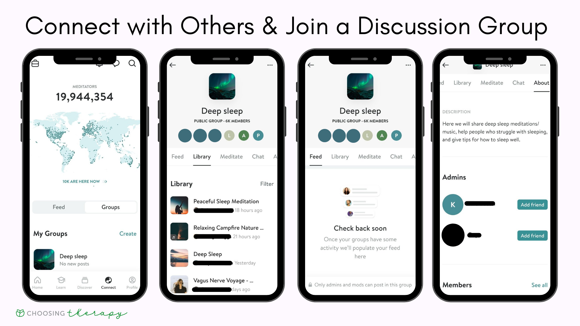 Insight Timer App Review 2022 - Image of Connect hub with the deep sleep discussion group highlighted
