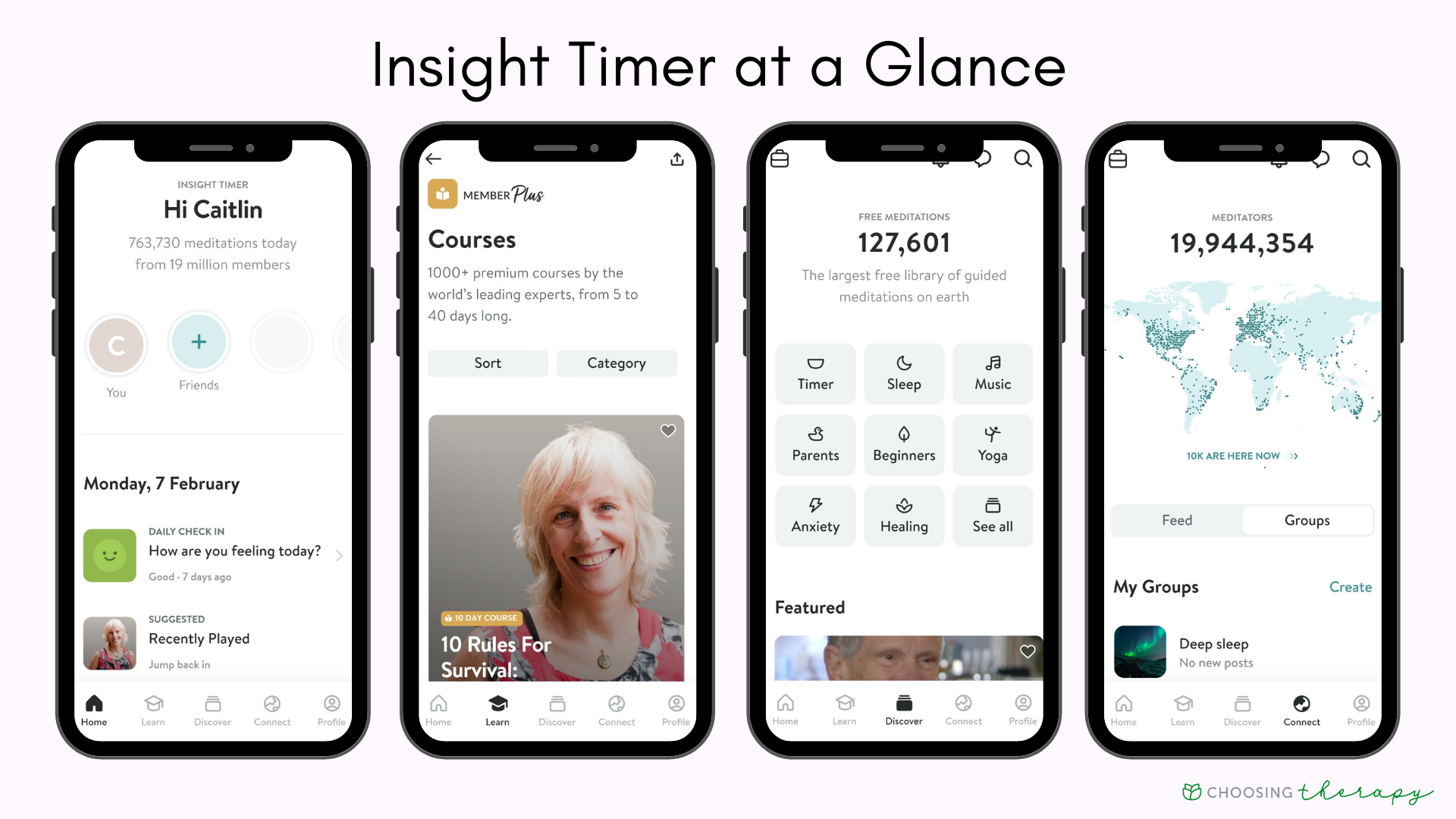 Insight Timer App Review 2022 - Image of Insight Timer's home page, Courses page, 120,000 free meditations, and 19.9 million total meditations