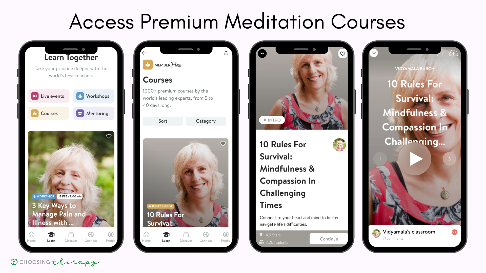 Insight Timer App Review 2022 - Image of the premium content in the learn hub, full meditation courses