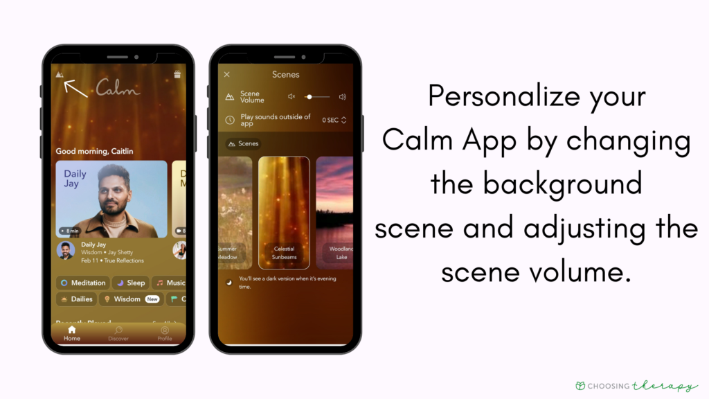 Calm App Review 2022 - Image of how to change the background scene in your Calm app