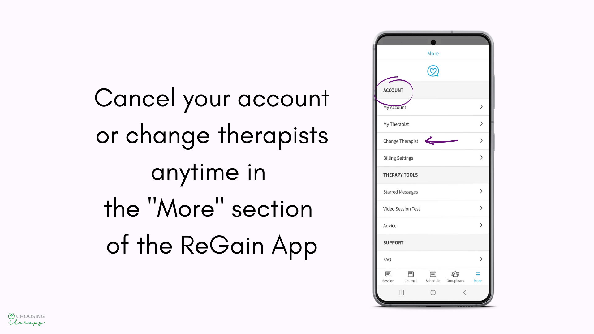 ReGain Couples Counseling Review 2022 - Image of More section of the ReGain app, cancel account or change therapists