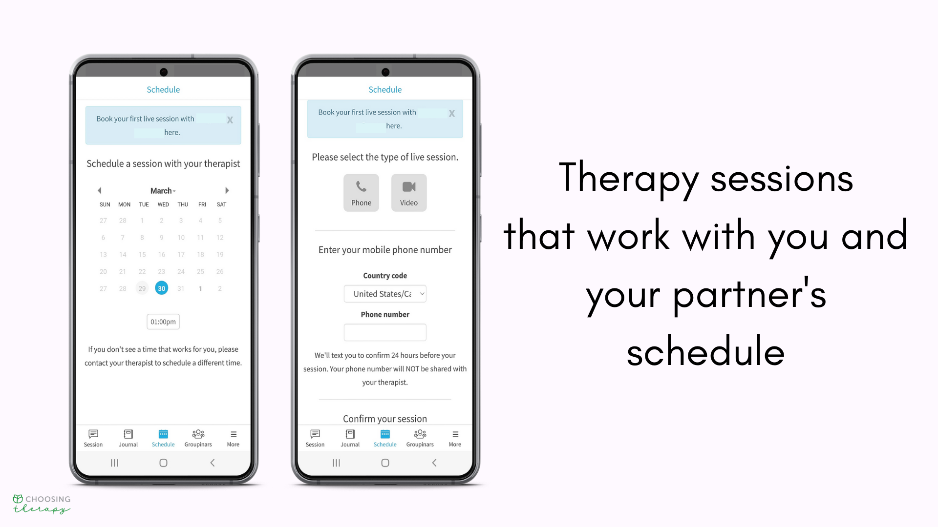 ReGain Couples Counseling Review 2022 - Image of how to schedule a session with your therapist in ReGain app
