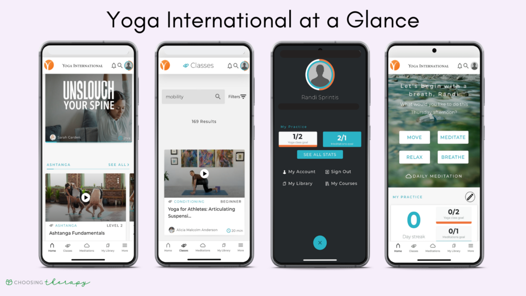 Yoga International App Review 2022 - image of four main screens of Yoga International app
