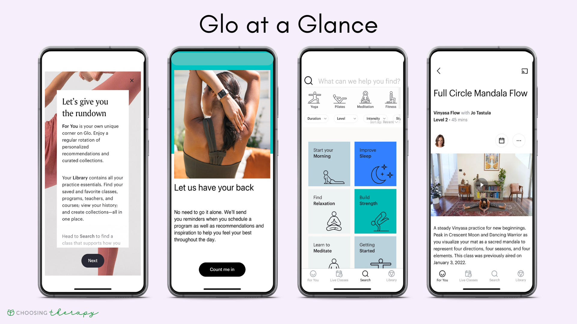 Four images that show the key features of the Glo yoga app 