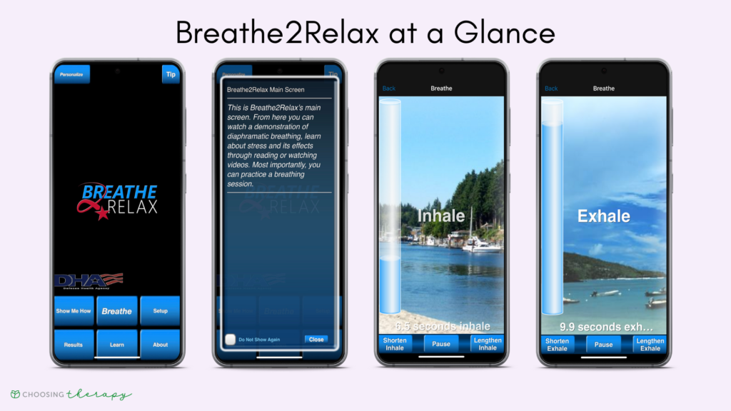 Breathe2Relax App Review 2022 - four images of Breathe2Relax main screens