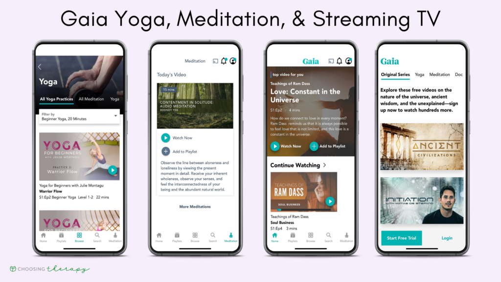 Gaia Yoga App Review 2022 - four images of Gaia's key features - yoga, meditation, and streaming TV services