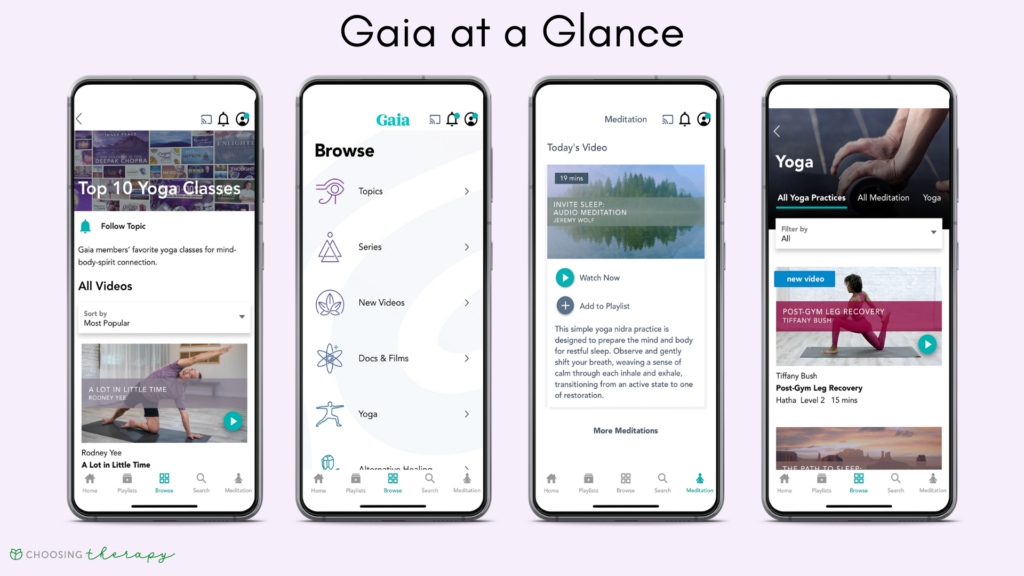 Gaia Yoga App Review 2022 - four images showing the main pages of the Gaia app