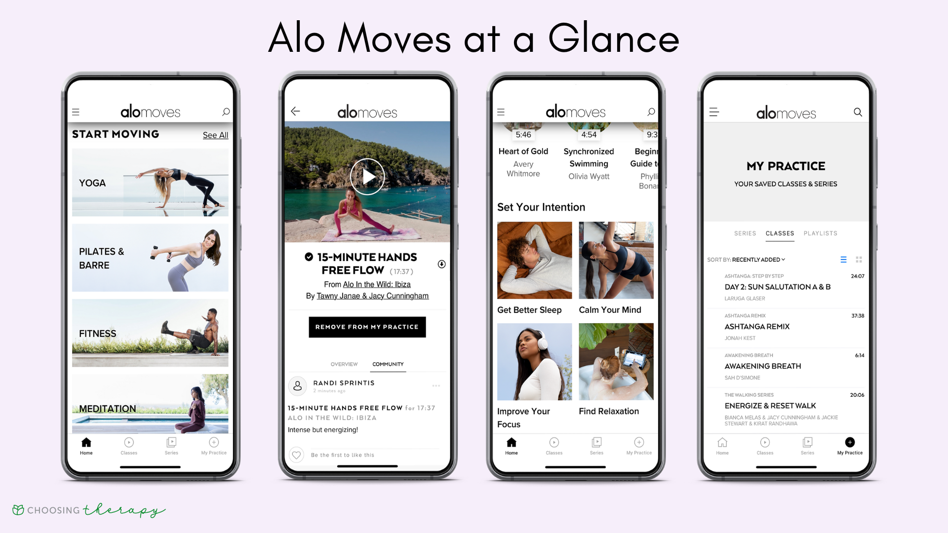 Alo Moves Review 2022 - Image of the key features of the Alo Moves yoga app, the home screen, what a class looks like, finding classes, and saved classes