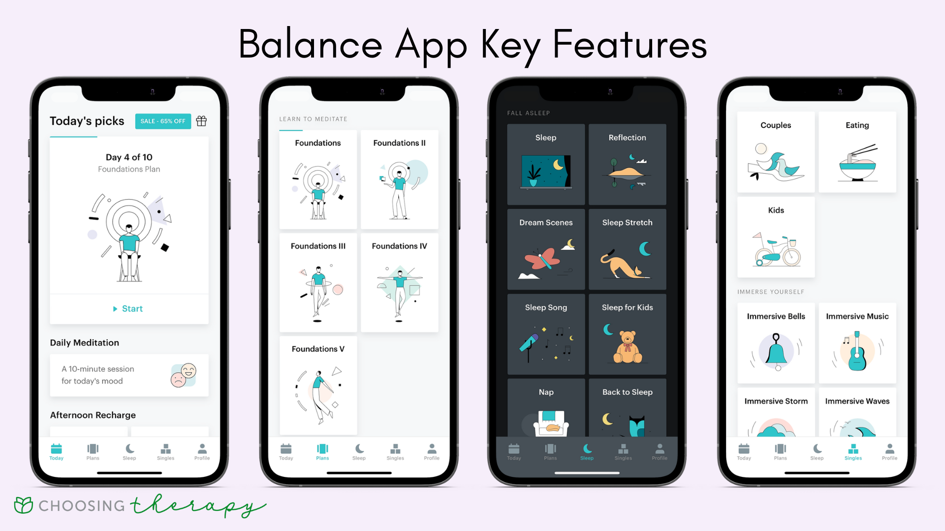 Balance App Review 2022 - Image of the key features in the Balance meditation app, daily meditation, full meditation courses, sleep sessions, and meditation sessions