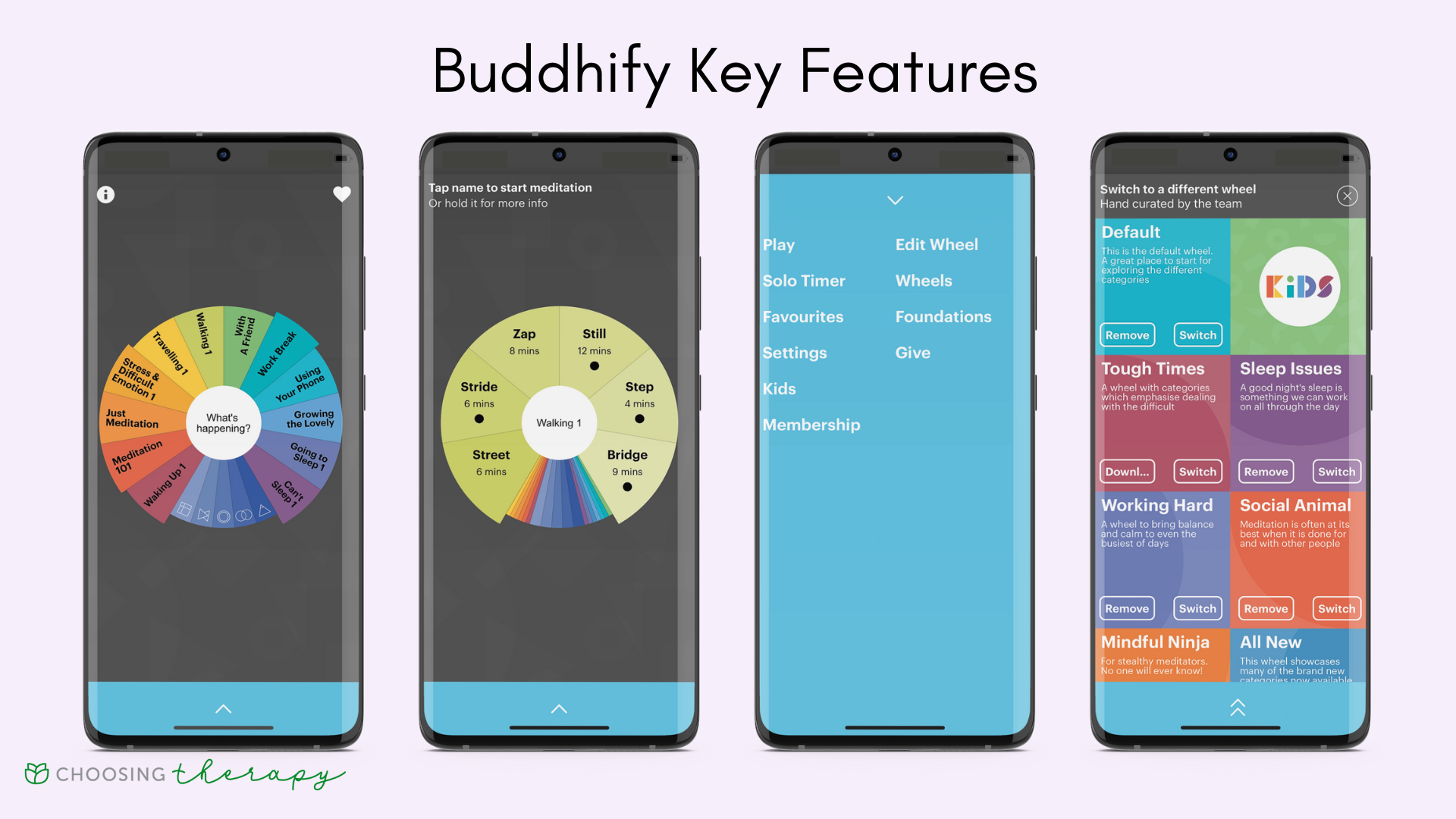 Buddhify App Review 2022 - Image of the key features in the Buddhify app, the meditation wheel, a meditation wedge, the menu, and different wheels to switch to