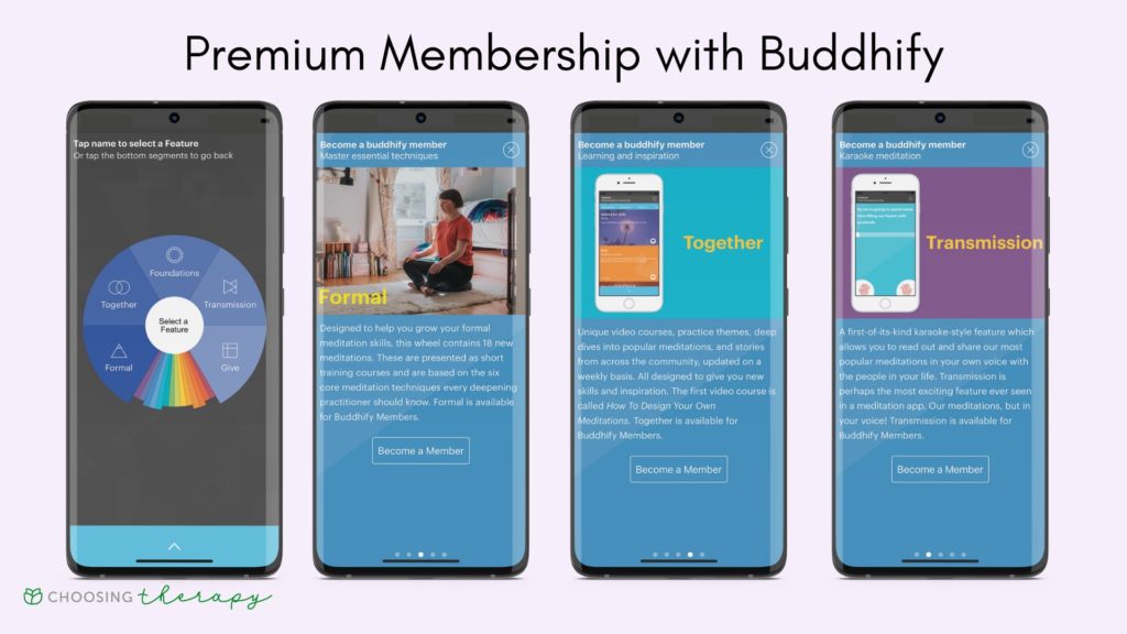 Buddhify App Review 2022 -- Image of what the premium membership with Buddhify is, formal meditation courses, community space, and record your own meditations
