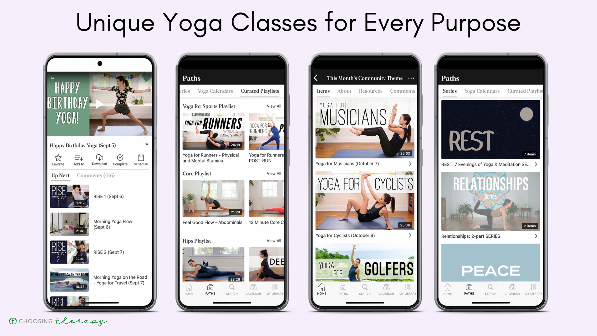 FWFG yoga app review 2022 - four images of the unique yoga clases offered in the app