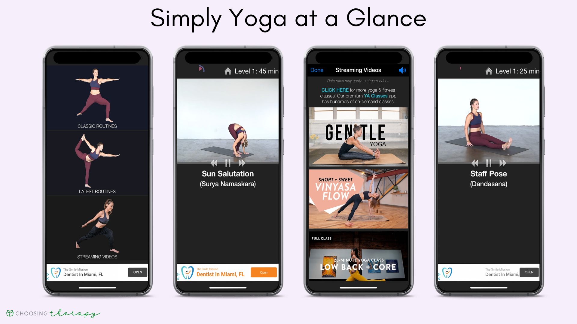 Four images of key features of the Simply Yoga app