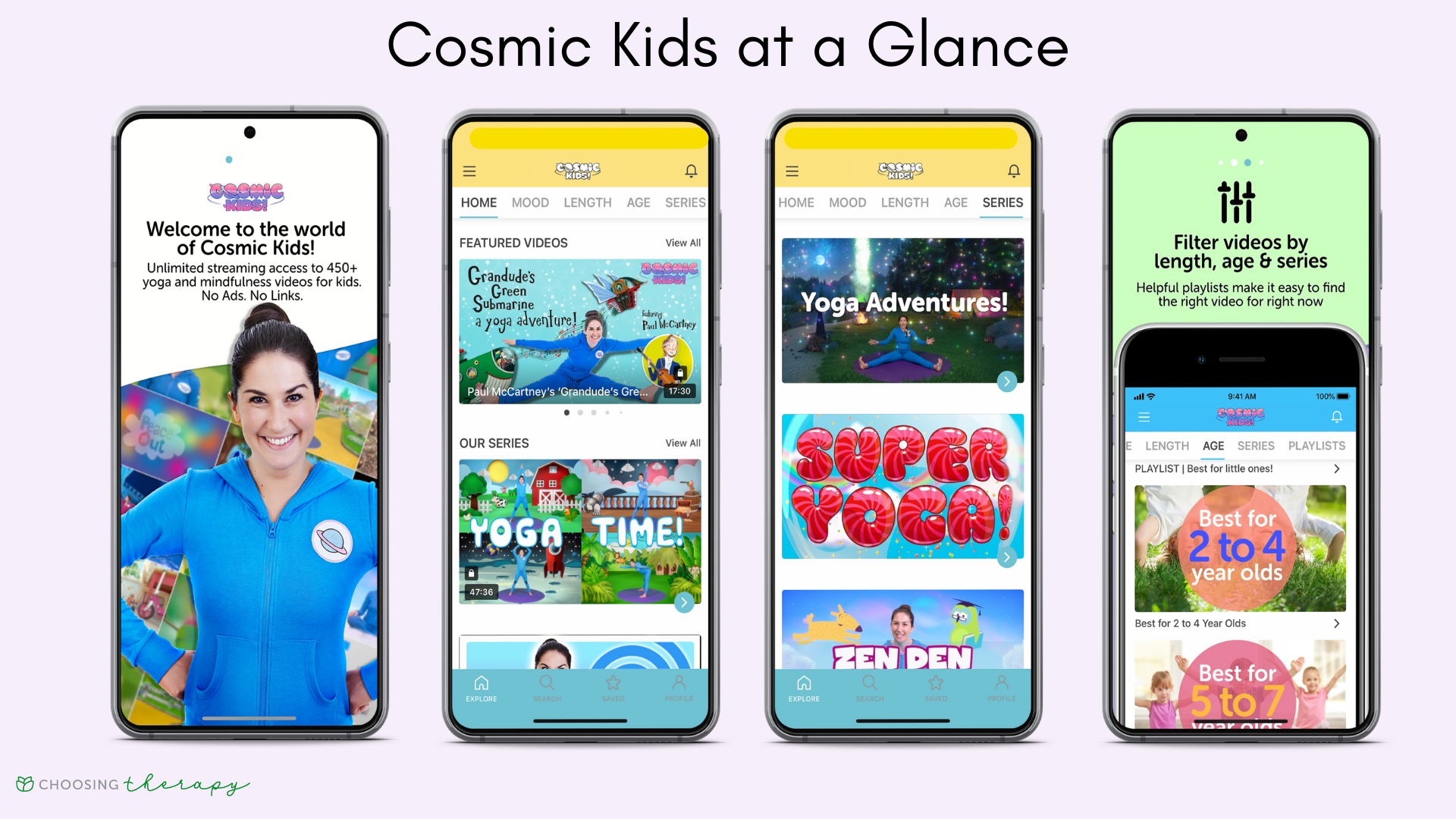 Four images of the key features of Cosmic Kids yoga app