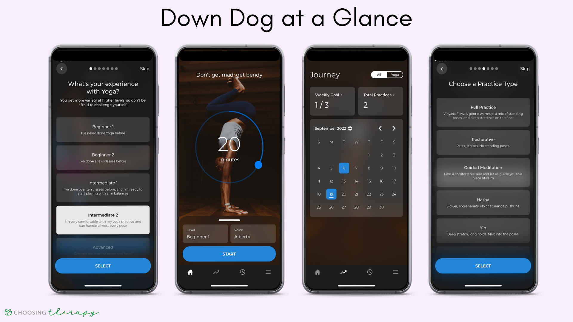 Four images of the key features of Down Dog yoga app