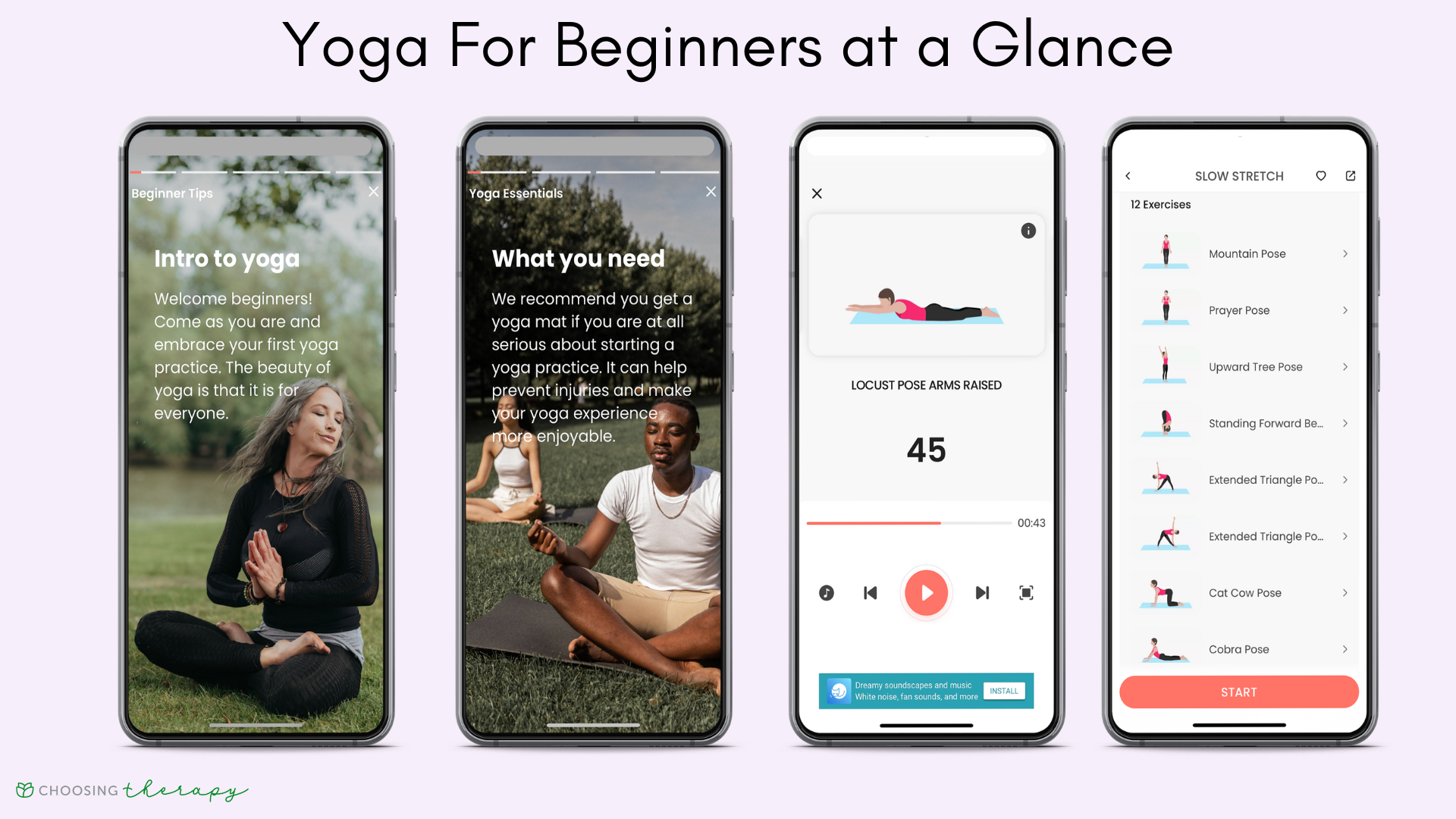 Four images of the key features of Yoga for Beginners app