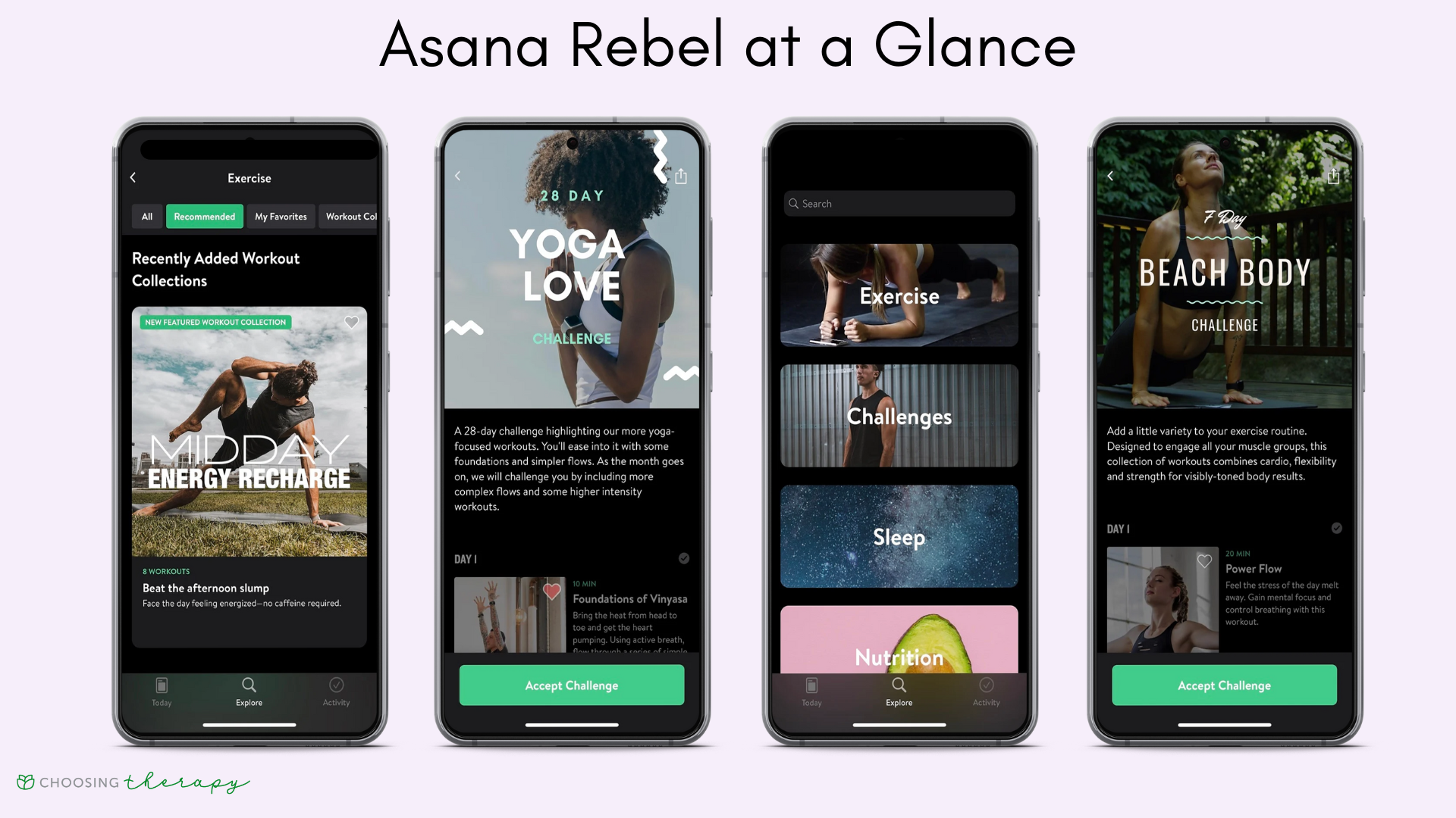 Four images of the key features of the Asana Rebel yoga app
