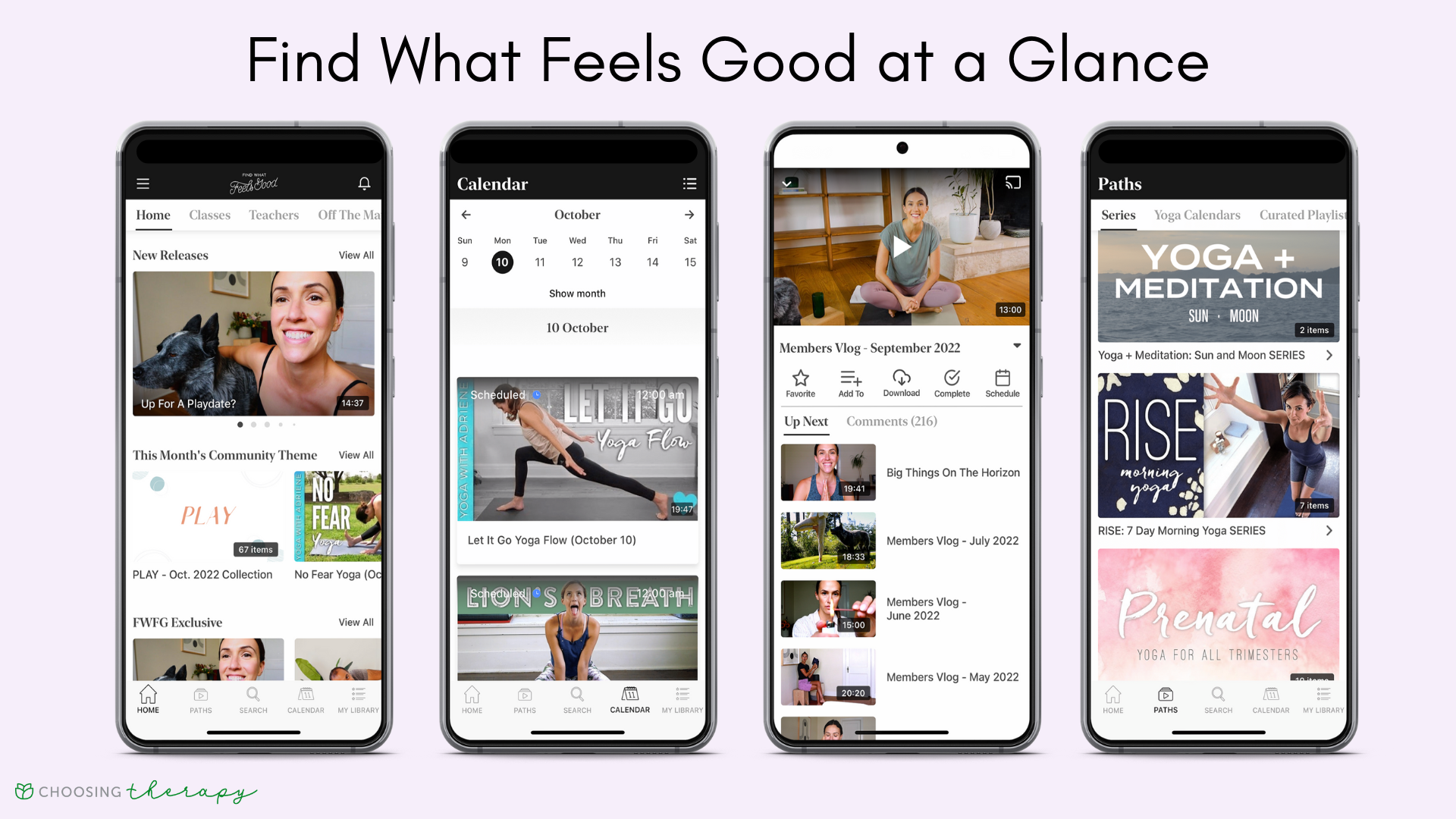 Four images of the key features of the Find What Feels Good yoga app