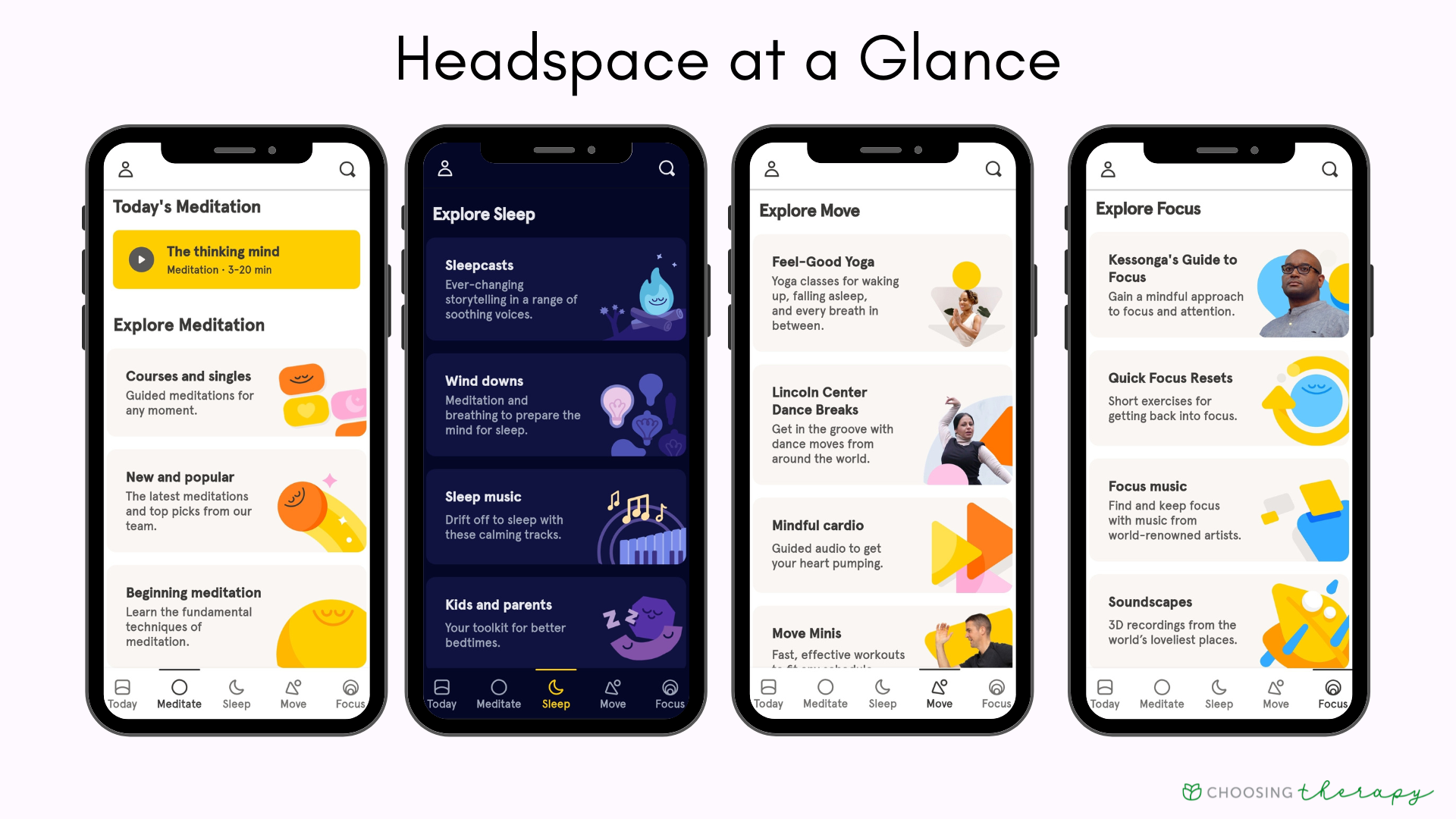 Headspace App Review 2022 - Image of the key features of the Headspace app, daily meditations, sleep meditations, exercise section, and focus meditations