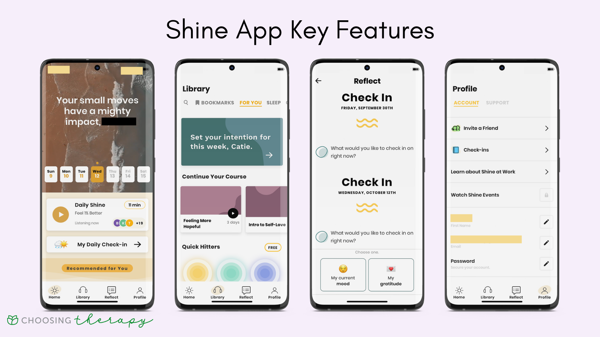 Shine App - Image of the key features in the Shine app, the home screen, the meditation library, daily mood check-in, and your profile