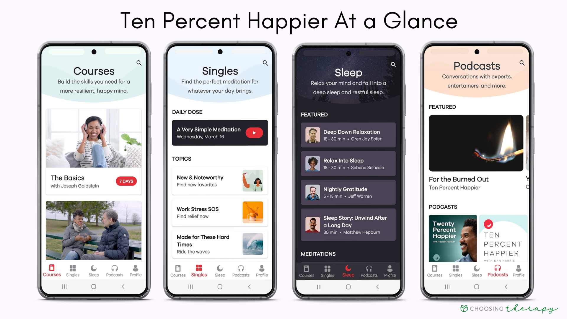 Ten Percent Happier Review 2022 - Image of the key features of the Ten Percent Happier App, meditation courses, single meditation sessions, sleep meditations, and podcasts