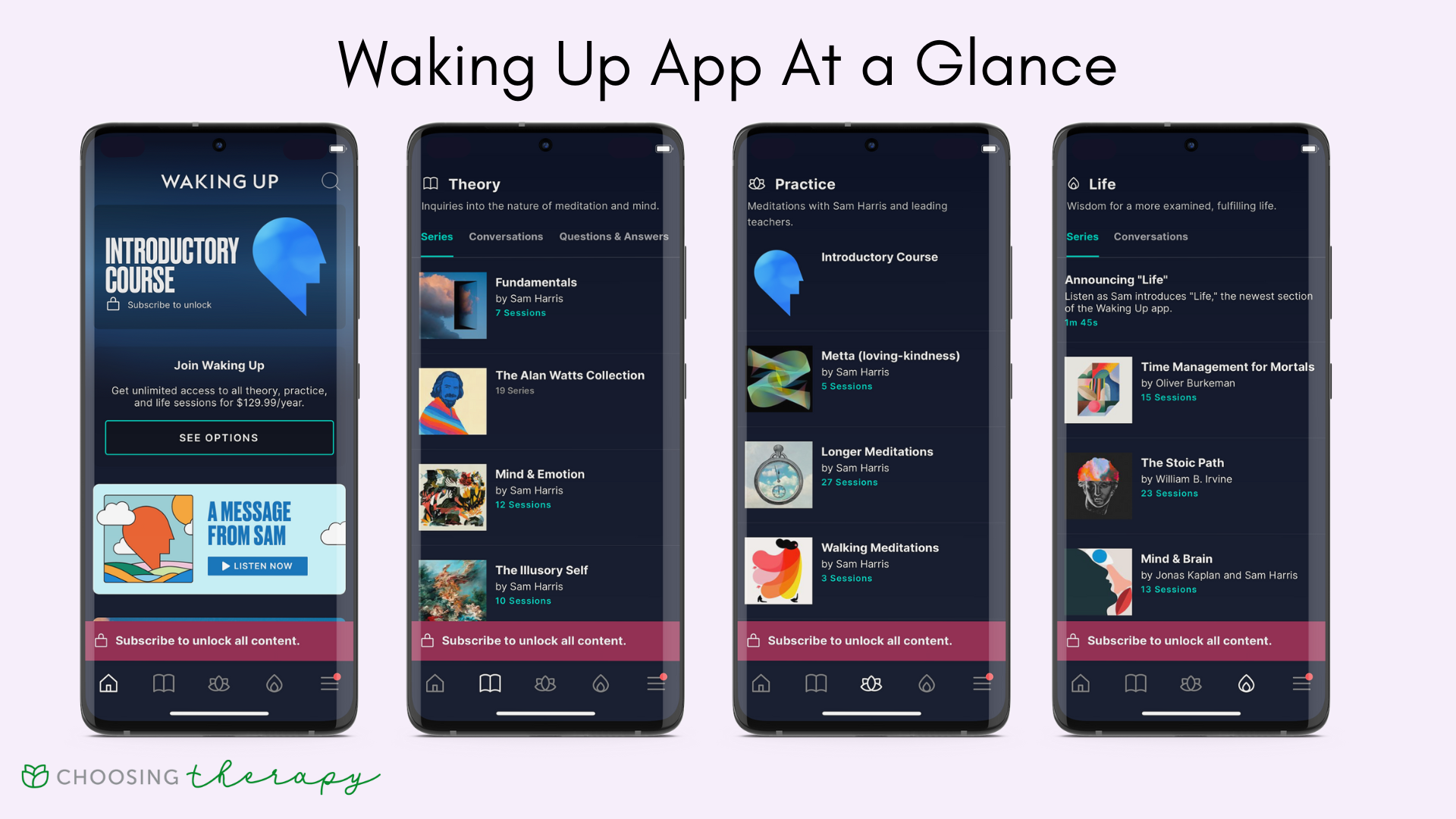 Waking Up App At a Glance - Image of the key features in the Waking Up app, the home screen, theory page, practice page, and life page