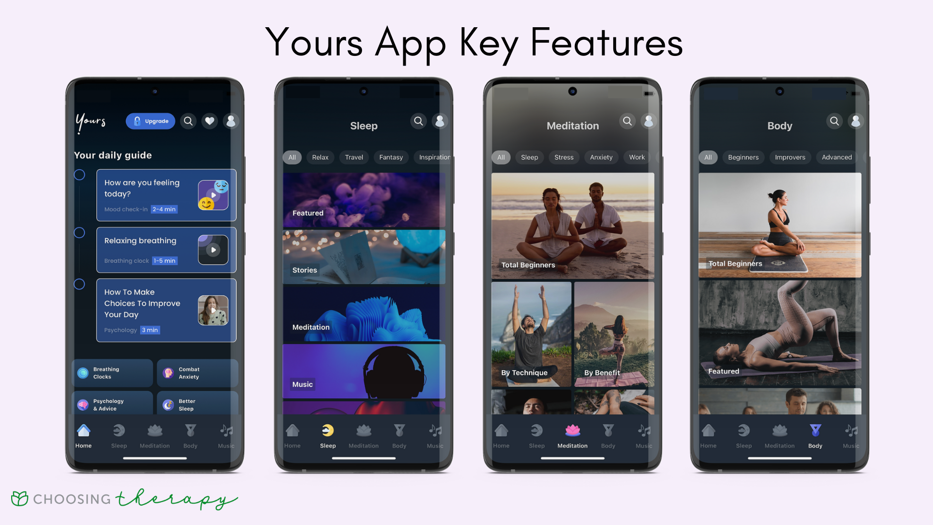 Yours App - Image of the key features in the Yours app, image of home screen, sleep meditations, meditation courses, and yoga classes
