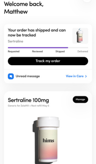 Screenshot of Hims medication shipment tracker