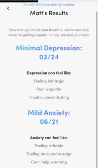 Screenshot of results from Hims intake assessment showing mild anxiety and depression