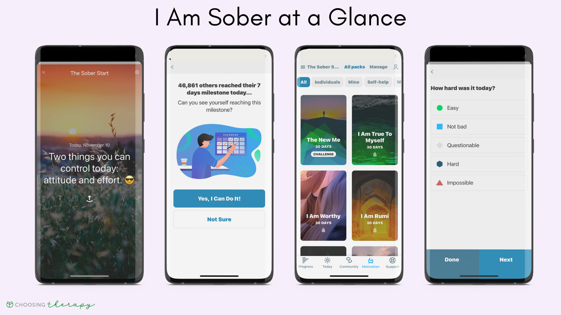 I Am Sober app review 2022 - four images of the main features