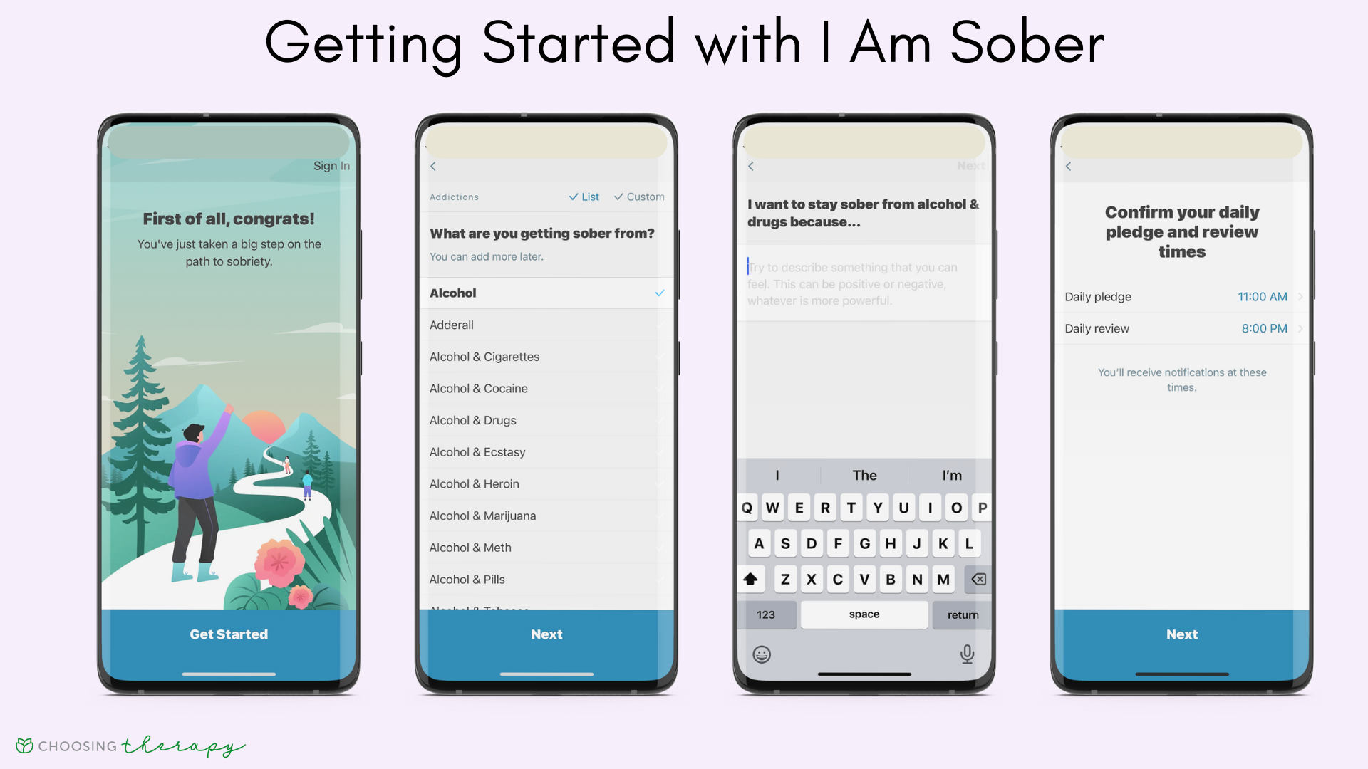 I Am Sober app review 2022 - four images showing how to get started