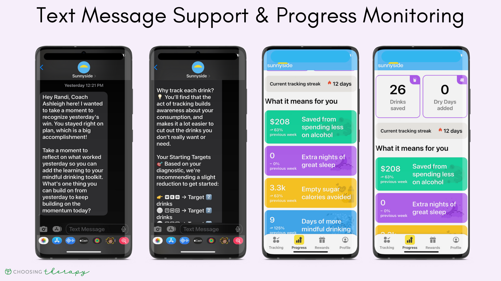 Sunnyside app review 2022 - two images of text support and two images of progress dashboard