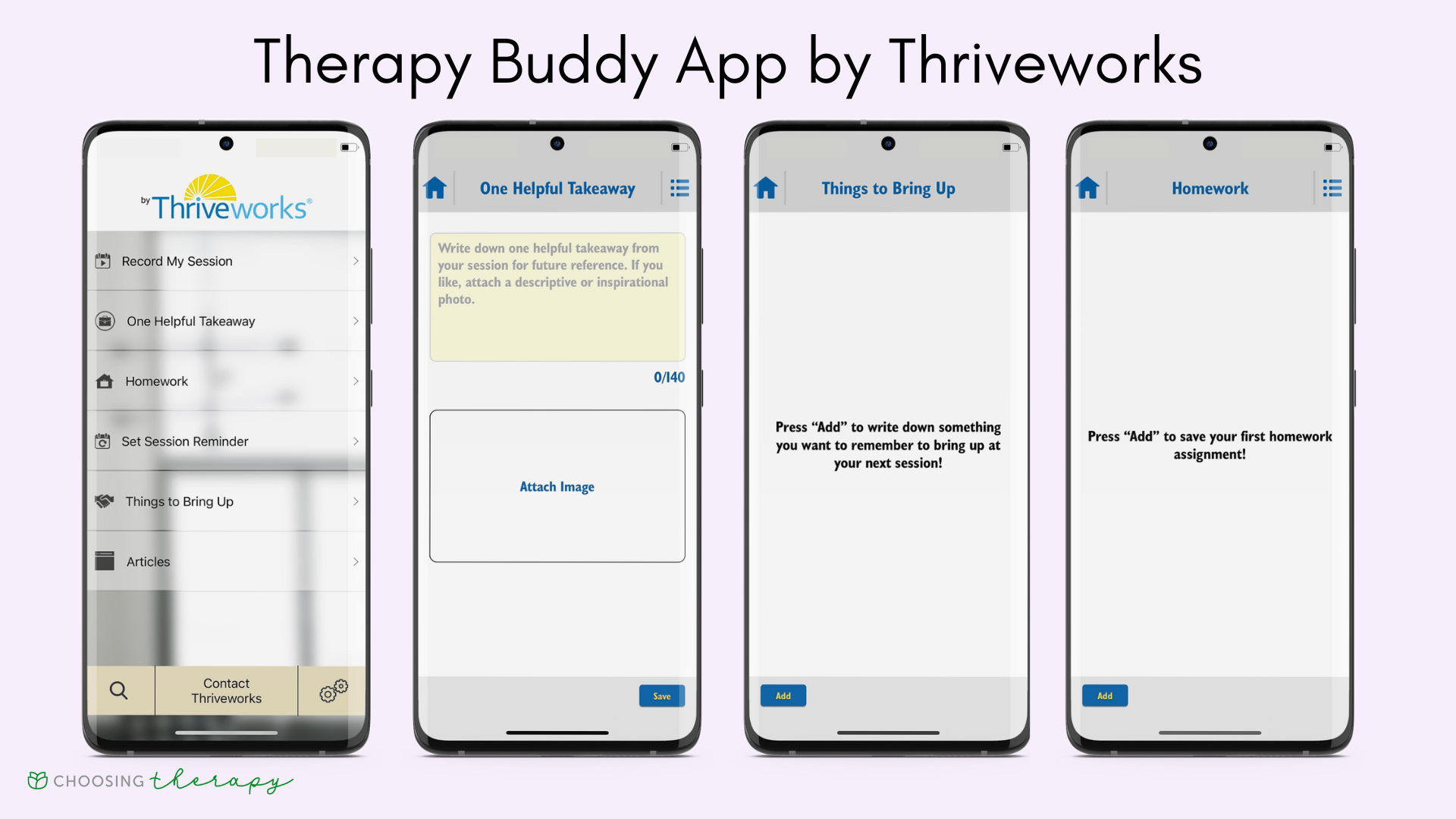 Thriveworks Review 2022 - Image of the key features in the Therapy Buddy app