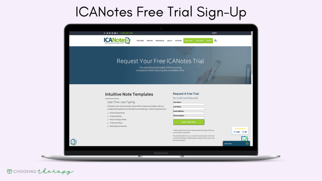 ICANotes Free trial sign-up page