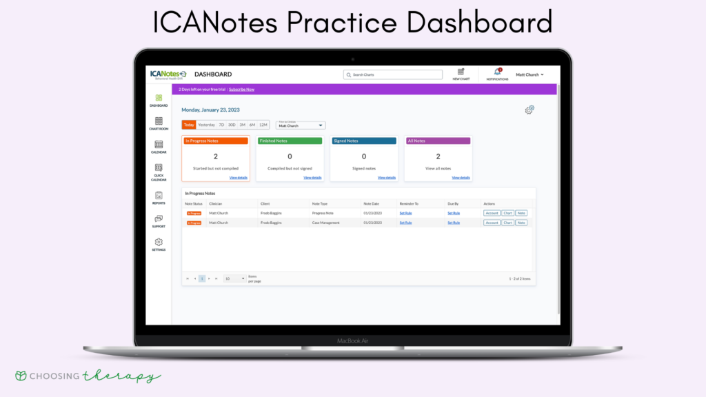ICANotes practice dashboard