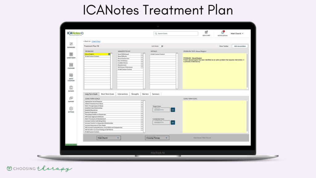 ICANotes treatment plan