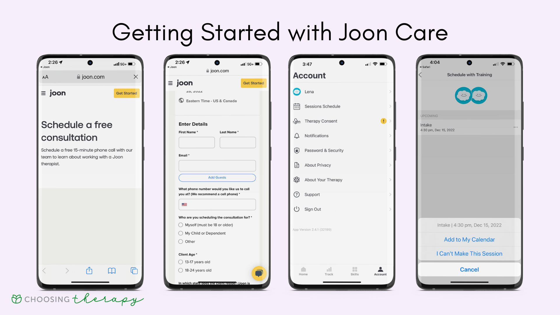 Joon Care Review 2023 -- Image of how to get started with Joon Care, schedule a free consulation, enter personal information, schedule a live session