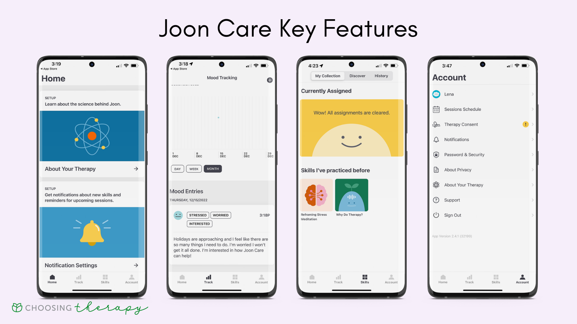 Joon Care Review 2023 - Image of the key features in the Joon Care app, home screen, mood tracking, self-care skills, and account