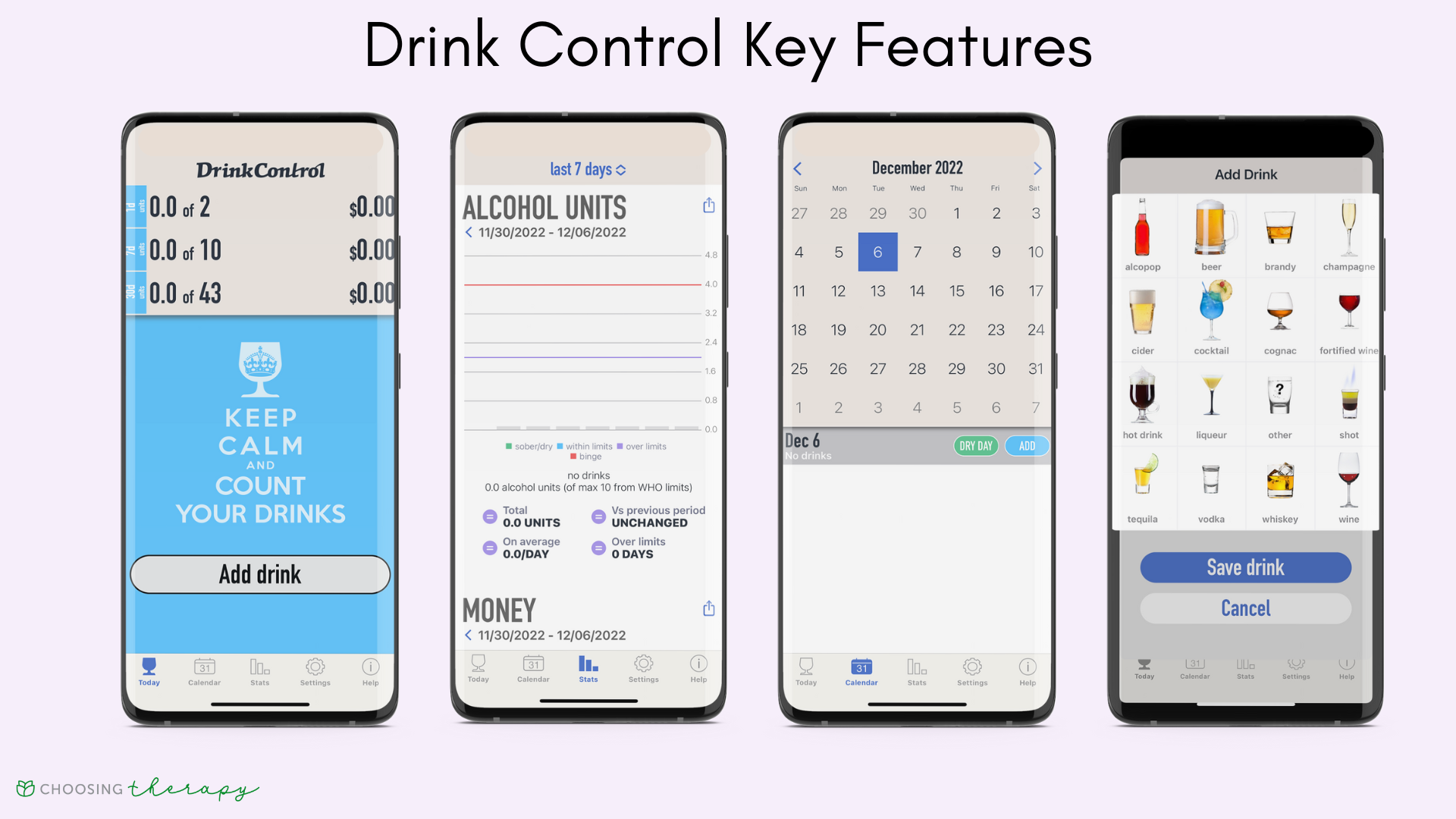 four images of DrinkControl mindful drinking app key features