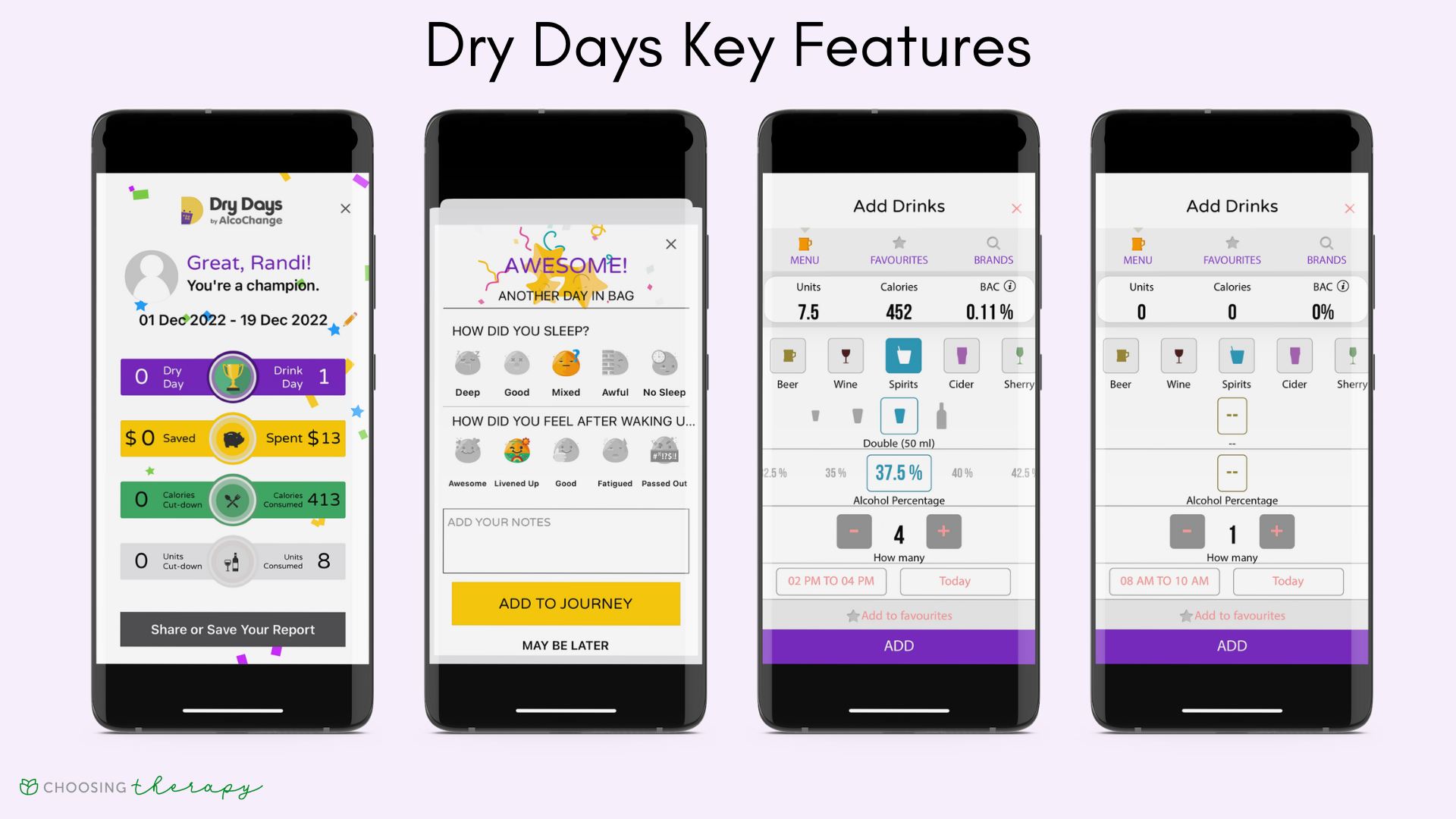 four images of Dry Days Mindful drinking app key features