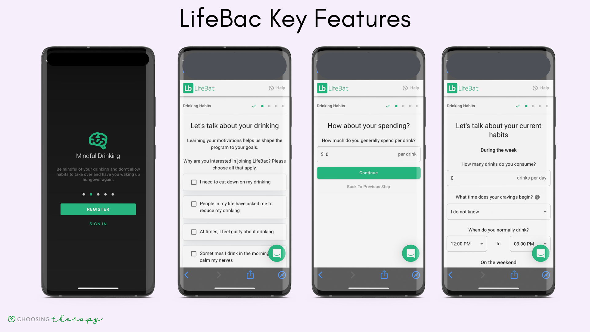 four images of LifeBac mindful drinking app key features