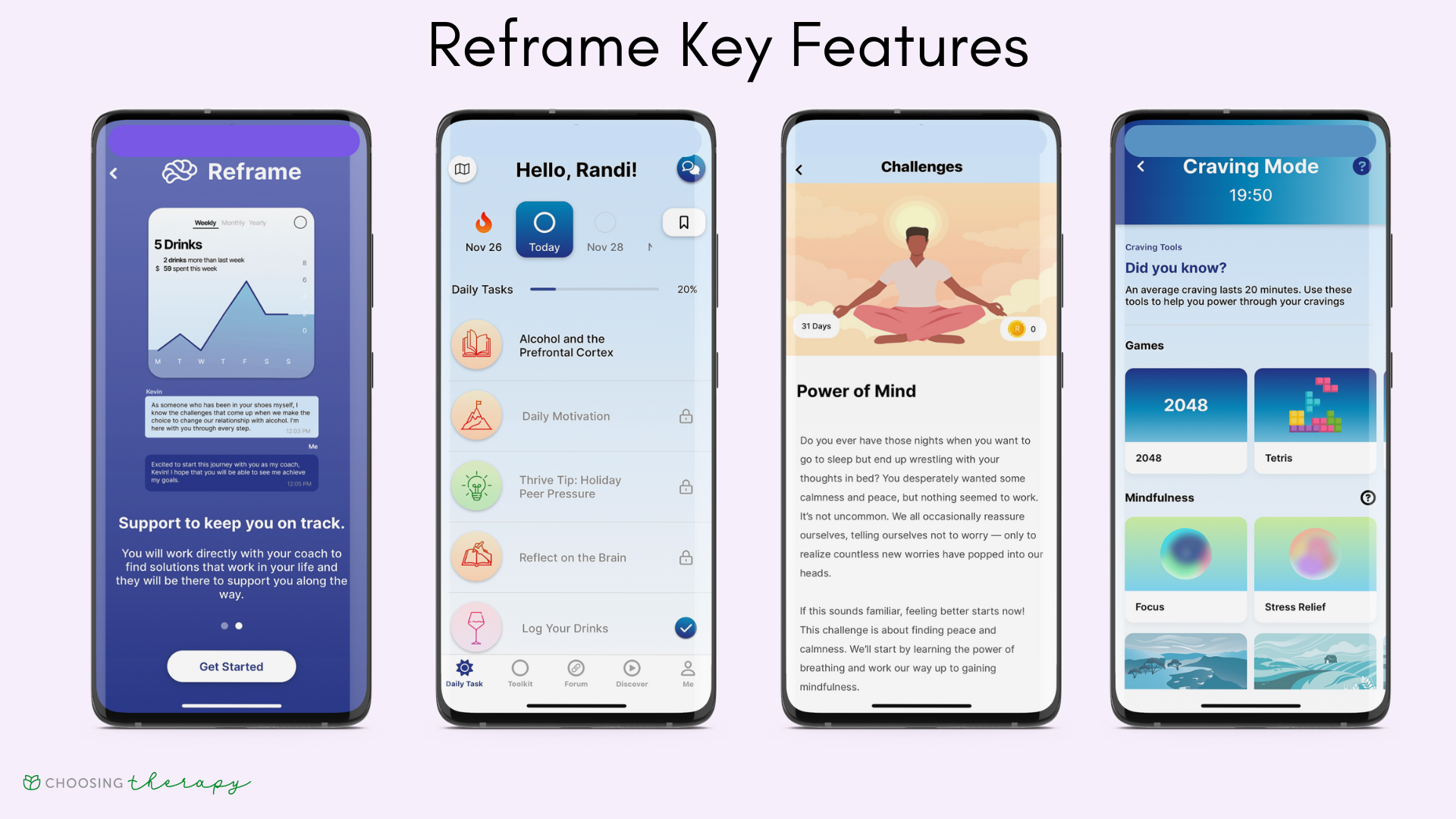 four images of Reframe mindful drinking app key features