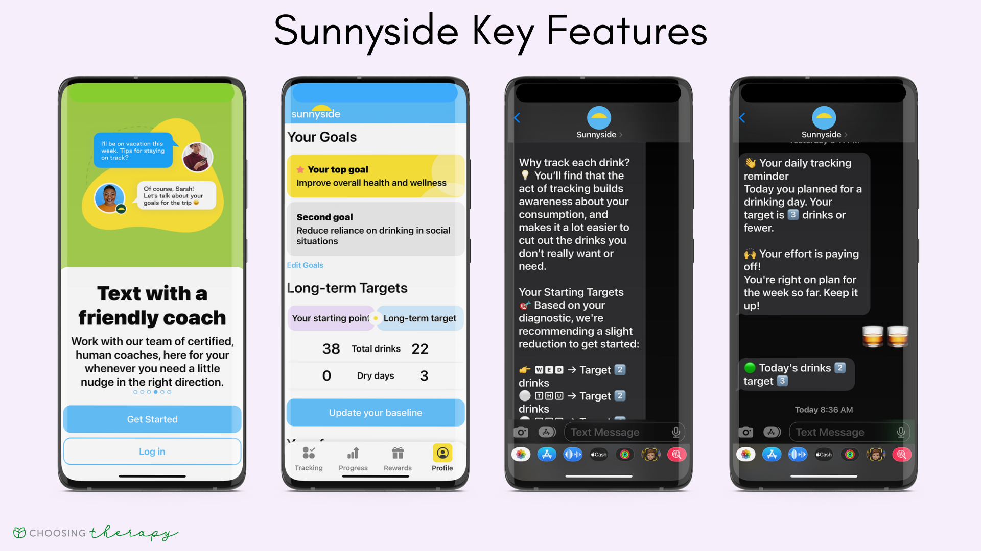 four images of Sunnyside Mindful Drinking app key features