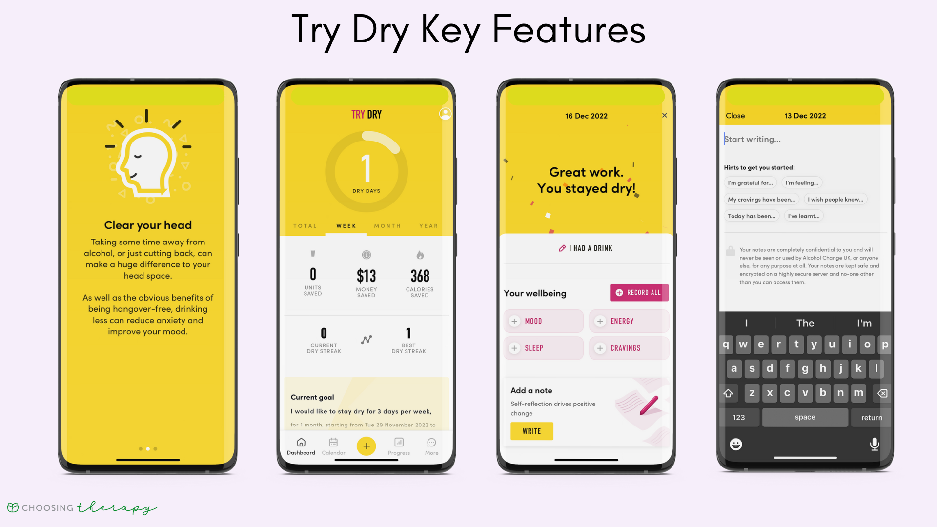 four images of Try Dry Mindful drinking app key features