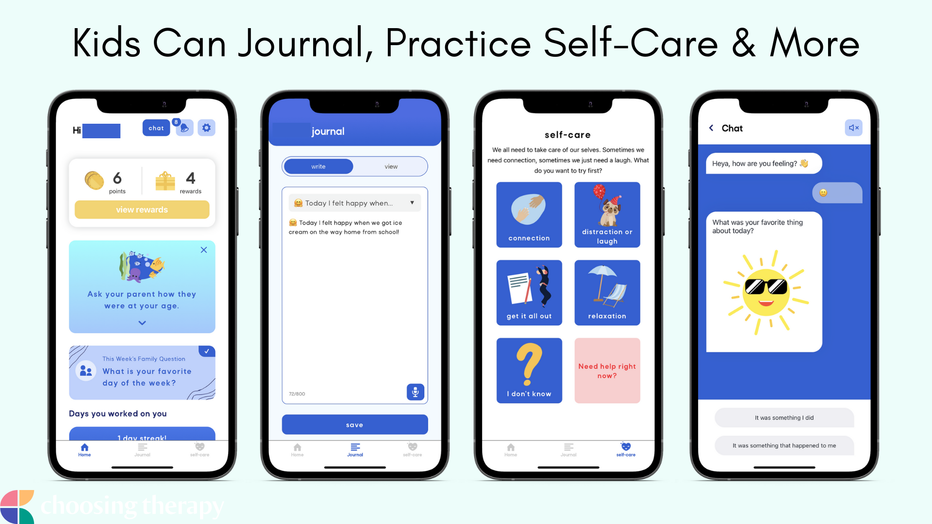 Image of the kid version of the Manatee app, journal, self-care, and rewards