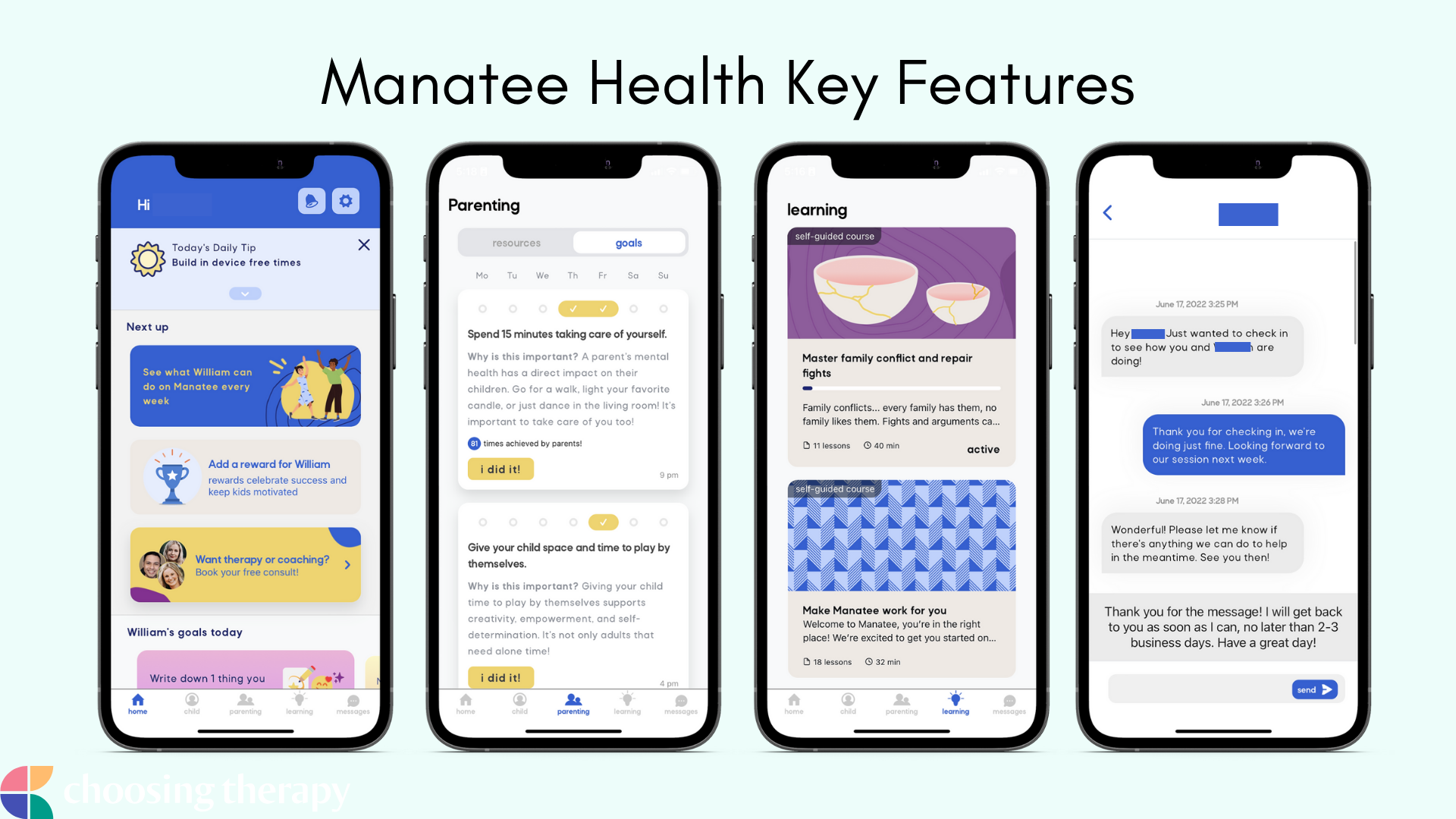 Image of Manatee Health's key features in the free Manatee app
